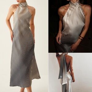 Satin Striped ivory & black halter neck tie midi dress